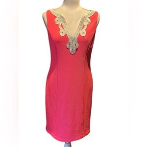 Vince Camuto Neon Pink Sleeveless
V-neck Dress Gold Accent Size 4